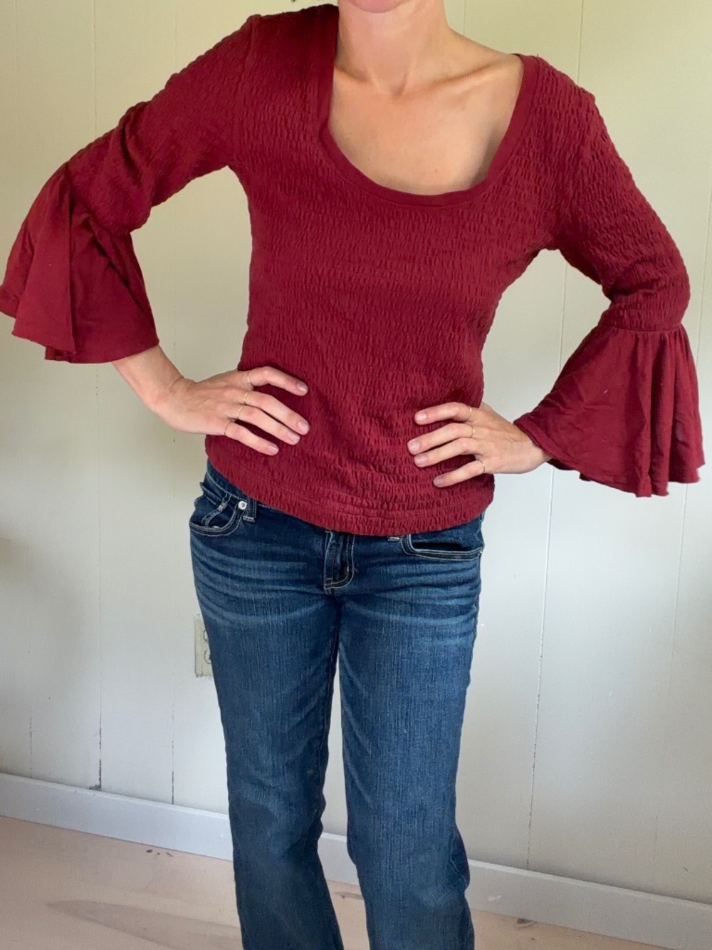 Anthropologie burgundy bell sleeve cotton blend size M boho romantic